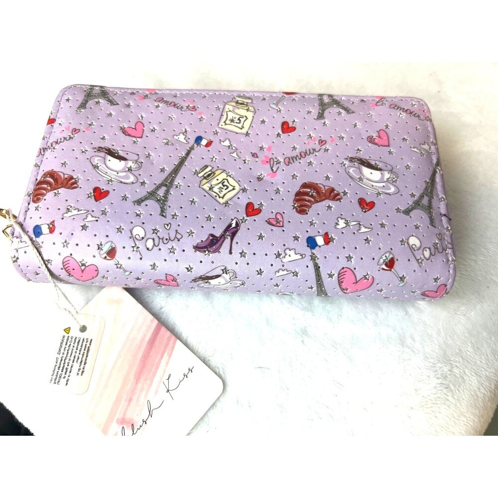 Blush Kiss French Themed Zip around wallet Croissants Eiffel Tower Purple NEW